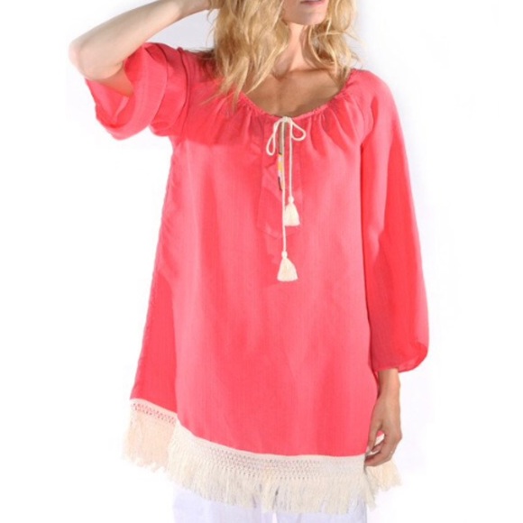 WOO Cotton Coral Fringe Kaftan Peasant Tunic Top or Beach Cover Up Sz L - Picture 8 of 9